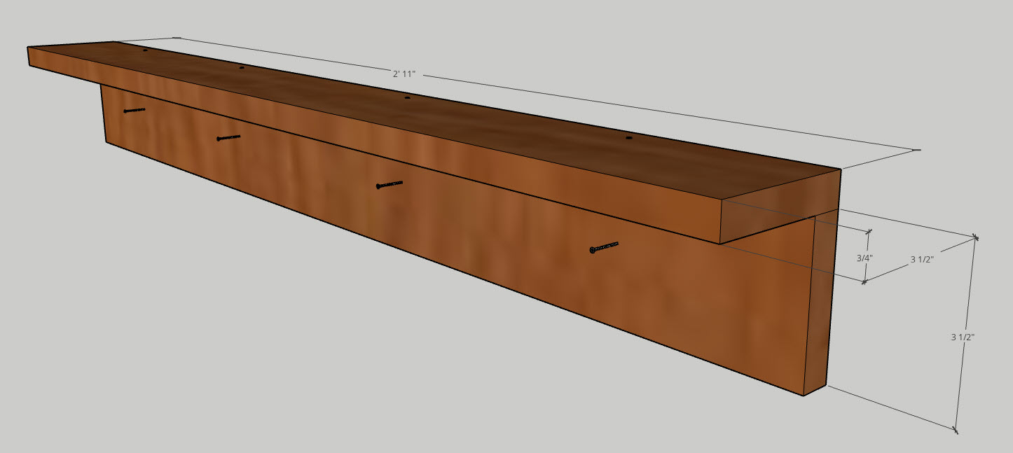 35" walnut shelf rendering indicating where to screw 4 screws into the wall