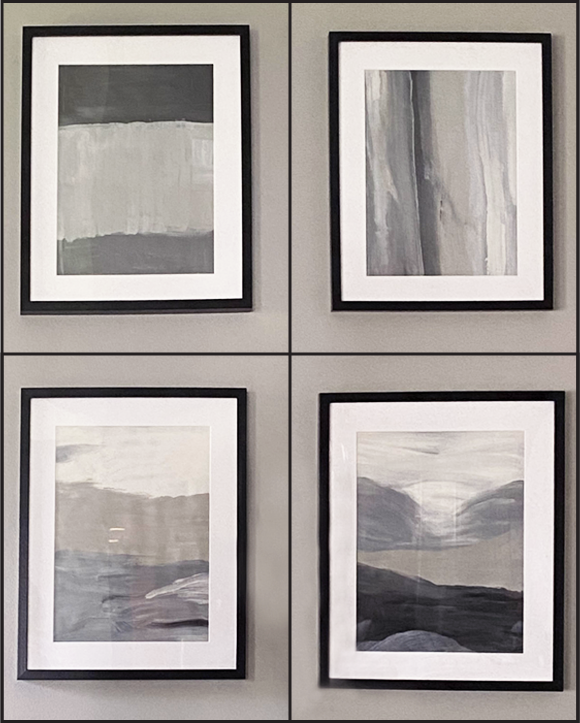 Affordable DIY Abstract Painted Artwork for your modern home using dark, moody colors. The simple, black frames and white matte streamline the look to add a bit of interest to your wall.
