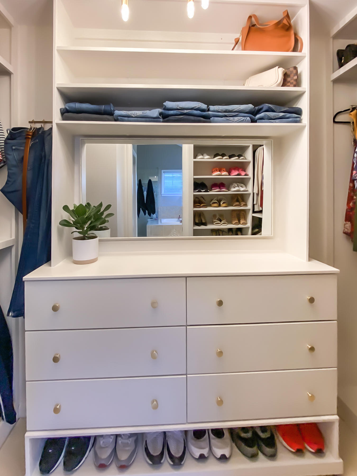 DIY custom built-ins in small walk in closet makeover