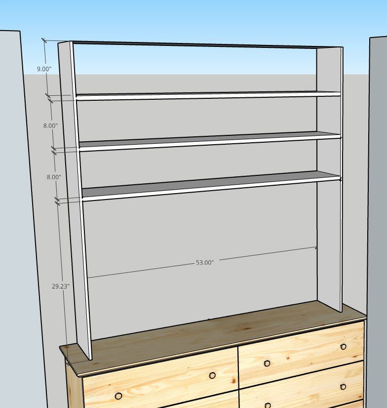Render of DIY closet shelving. 3 Shelves over a dresser.