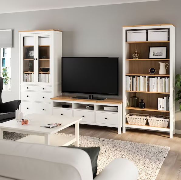 HEMNES TV storage combination, white stain/light brown clear glass, 128 3/8x77 1/2 "