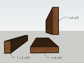 Wooden Boards with dimensions that show an exploded view of how they will be used to make a DIY art ledge.