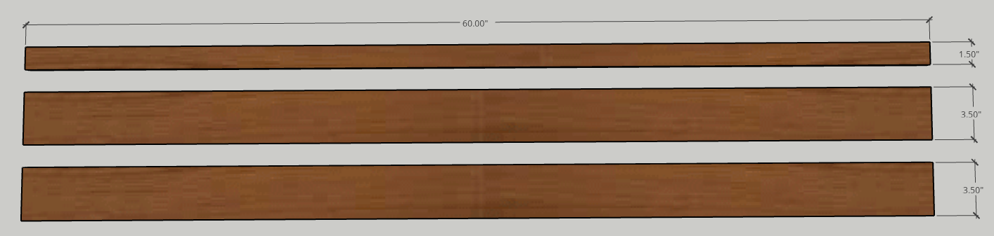 Wooden Boards with dimensions that will be used to make a DIY art ledge.