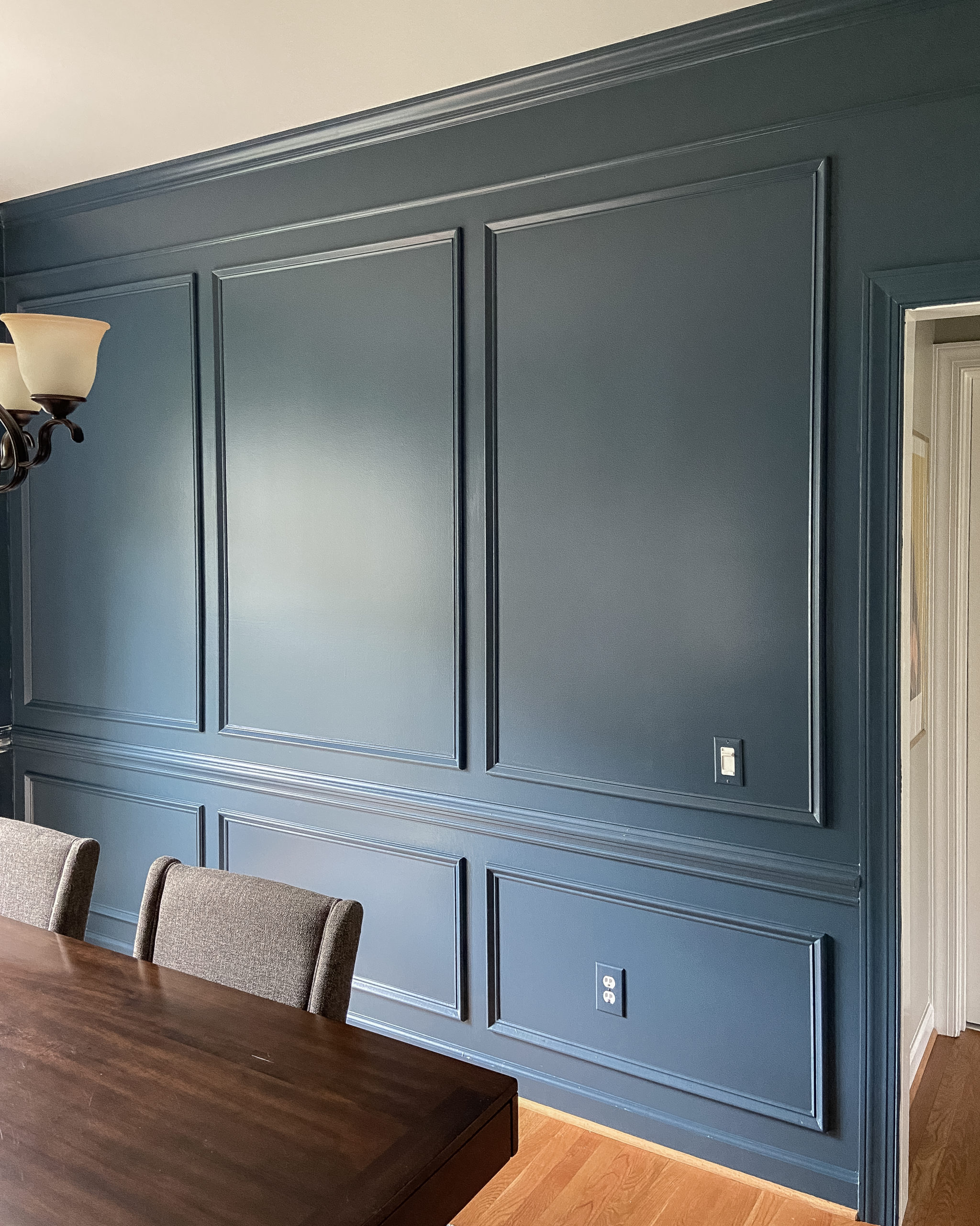 Transitional Picture Frame Molding in a Dining Room in a deep teal blue paint.