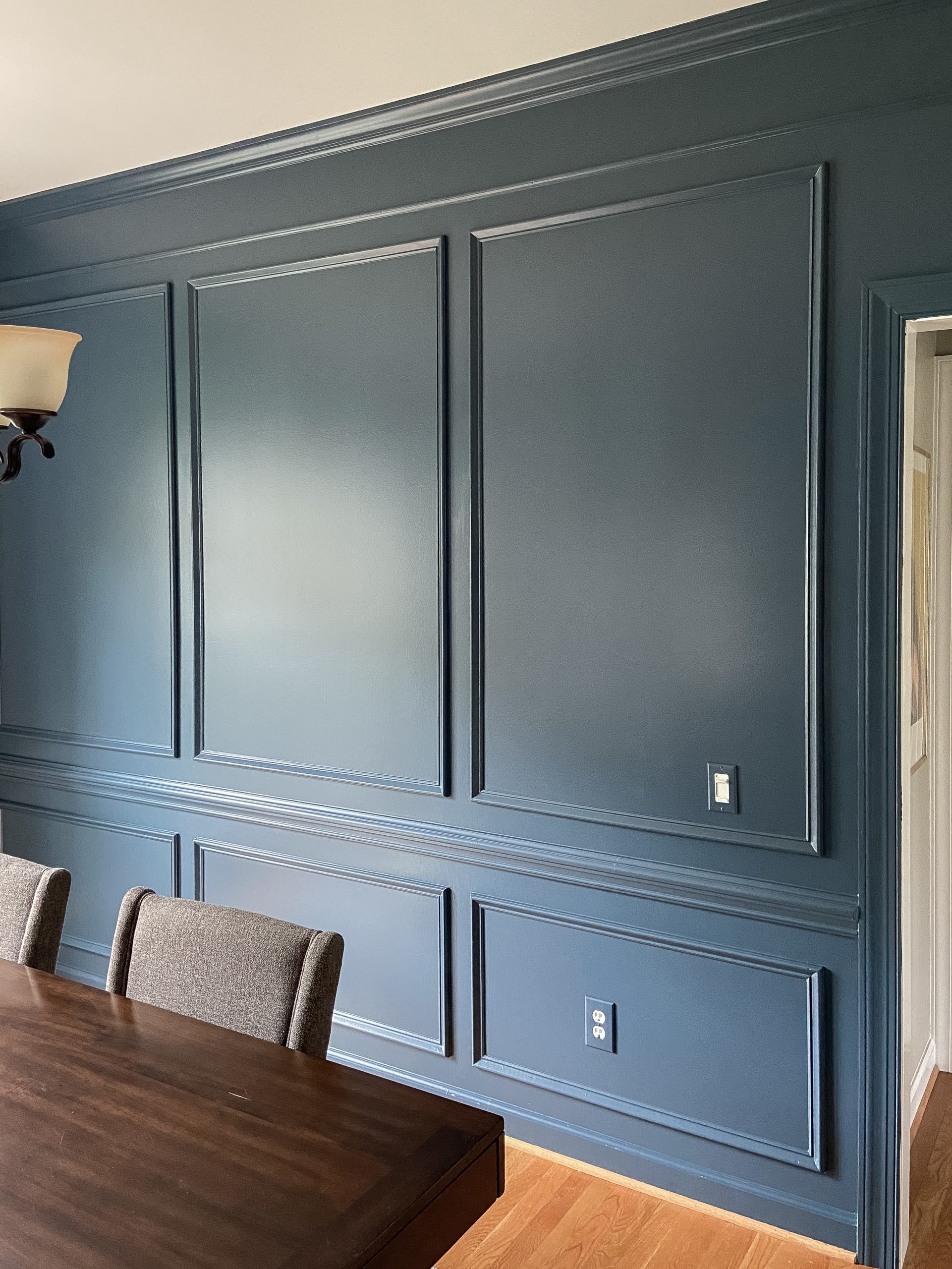 Transitional Picture Frame Molding in a Dining Room in a deep teal blue paint.