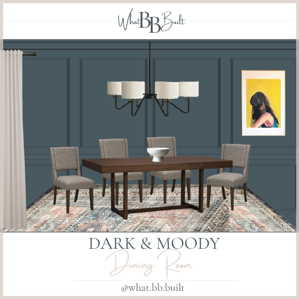 A dark and moody dining room decor featuring a paneled wall design, a shaded black light fixture and bright yellow portrait art, and organic modern inspired table and chairs.